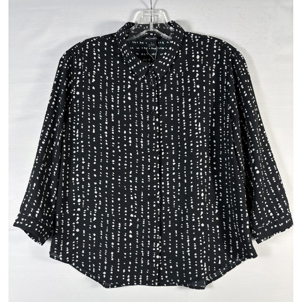 monk womens blouse black/white‎ button up pattern collar 3/4 sleeve Small NWOT